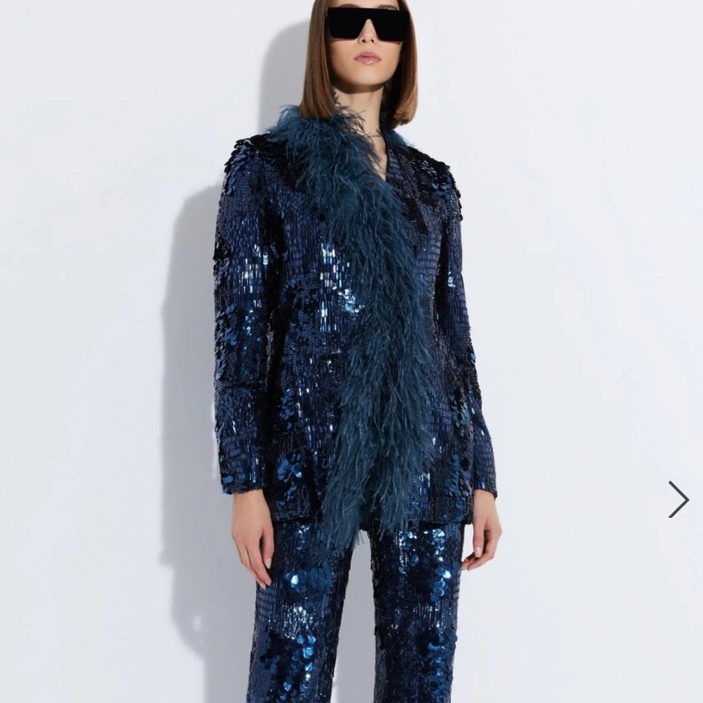 LAPOINTE Blue Blazer Patchwork Sequin Feather Trim Blazer - Picture 1 of 13